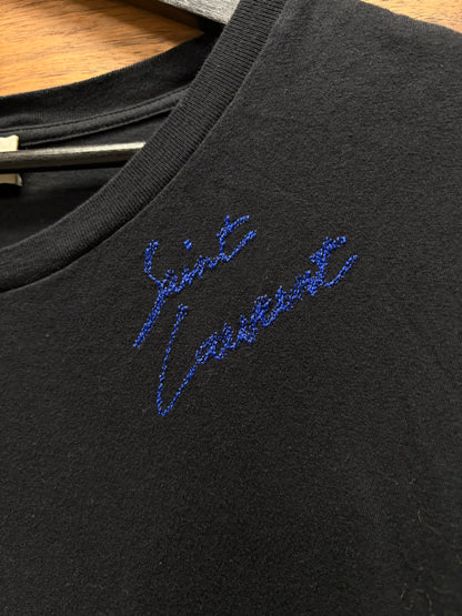2017 Saint Laurent Blue Cursive’ Logo’ Embroidered Black/Blue T-Shirt
