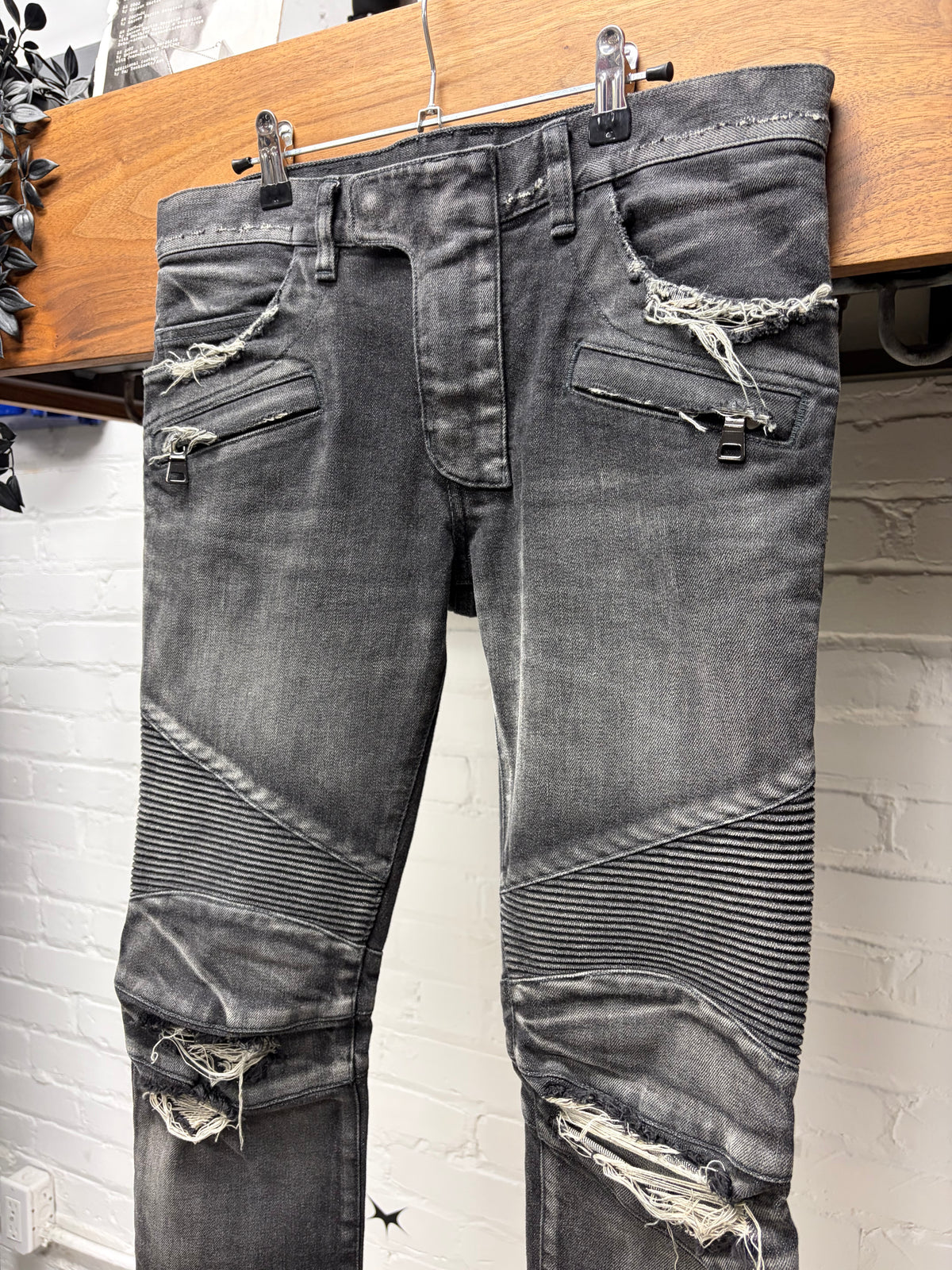 Balmain Distressed Grey Moto-Knee Skinny Biker Denim