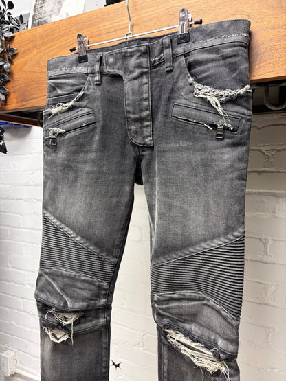 Balmain Distressed Grey Moto-Knee Skinny Biker Denim