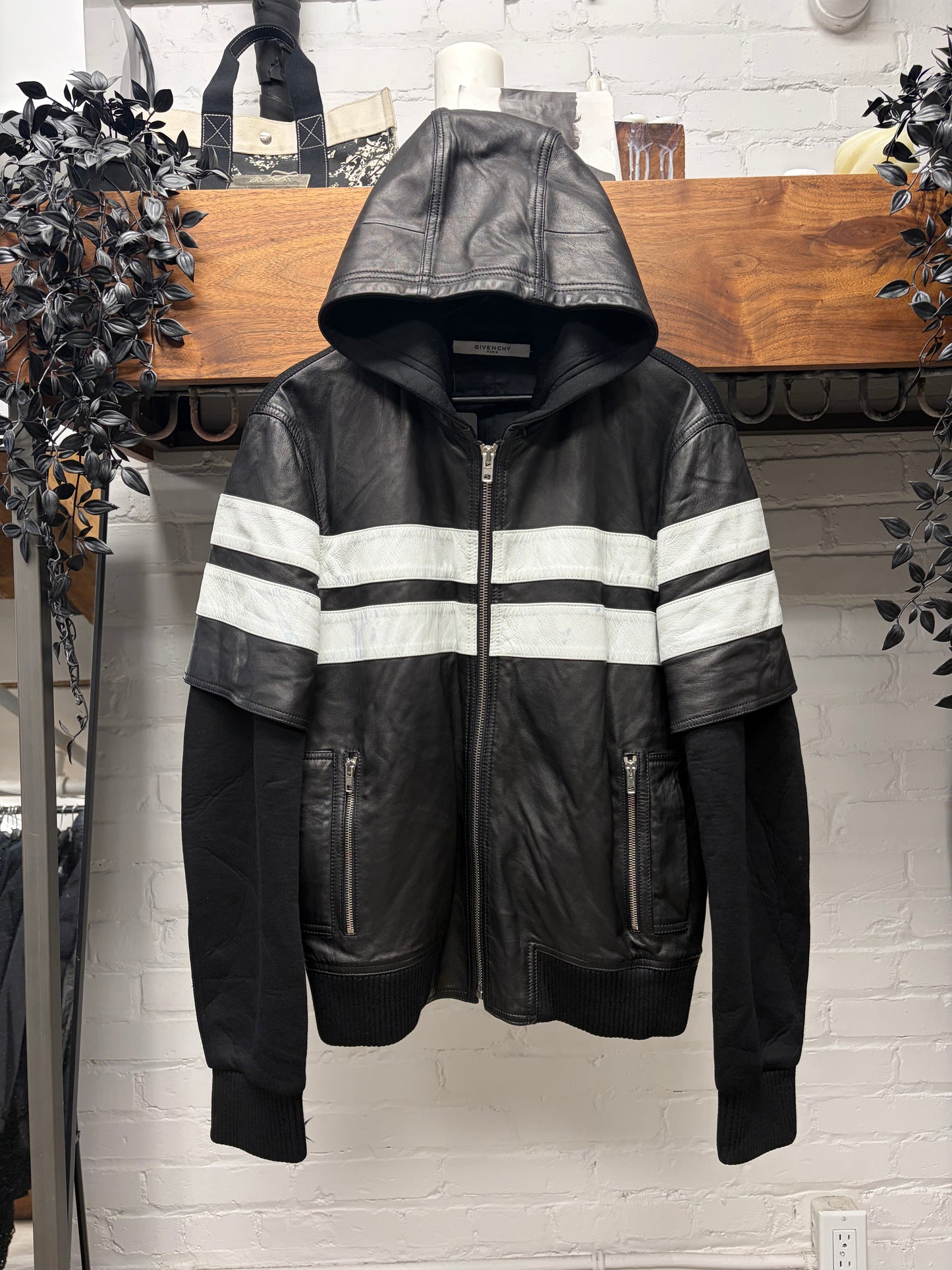 AW2015 Givenchy by Ricardo Tisci Striped Lambskin Leather Hooded Bomber Jacket