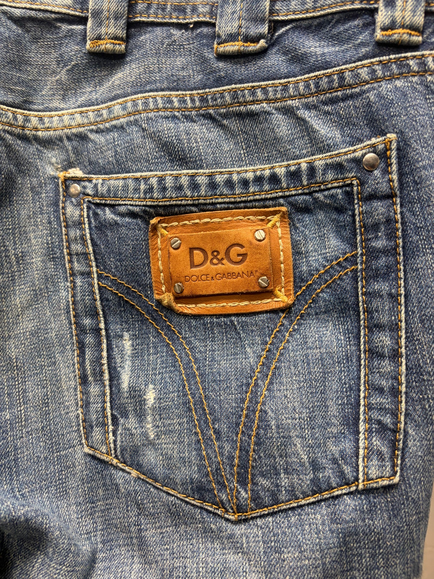 2000s Dolce & Gabbana Classic Blue Washed Bootcut Distressed Denim