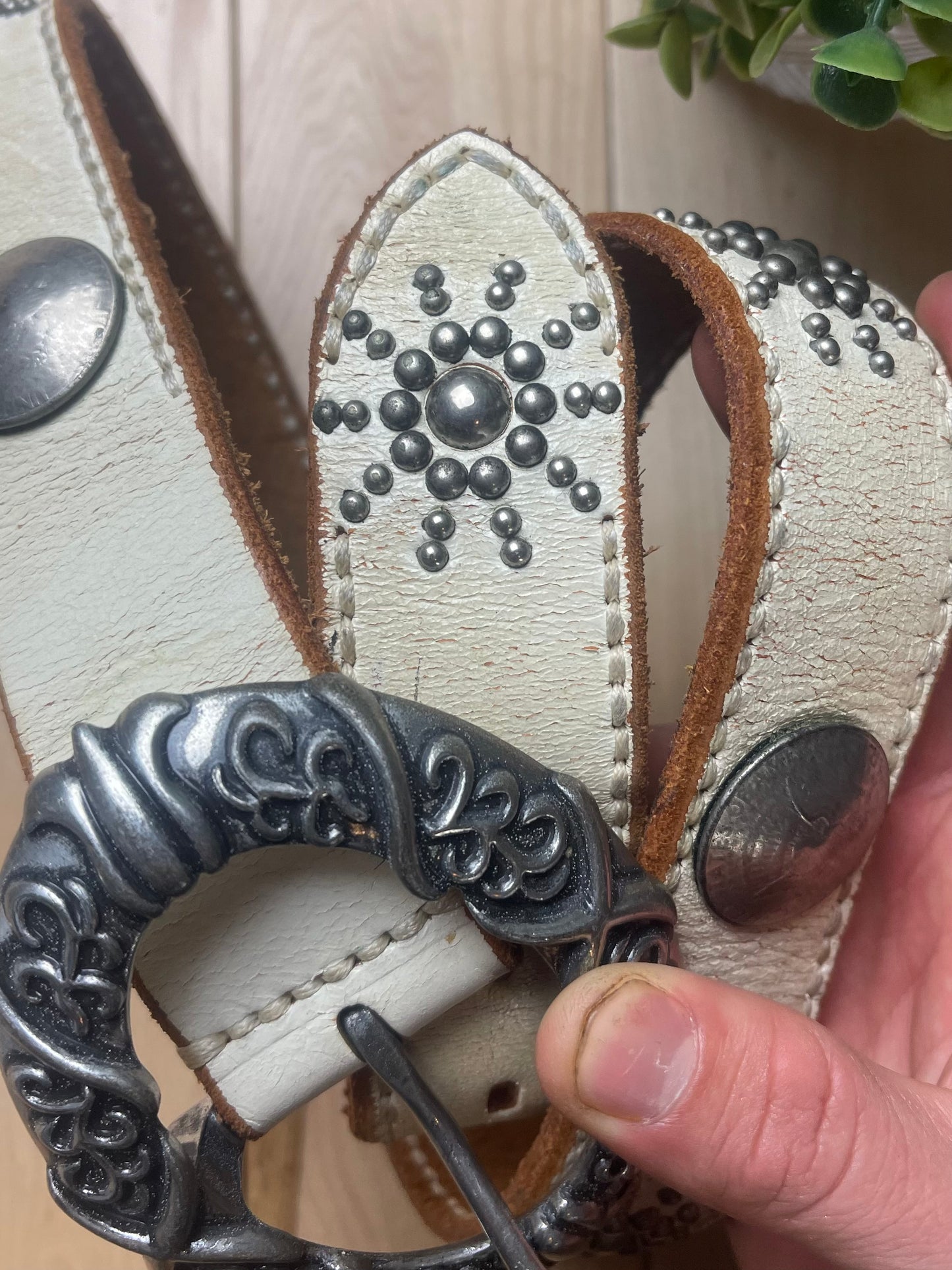 Tornado Mart Silver Studded White Leather Belt