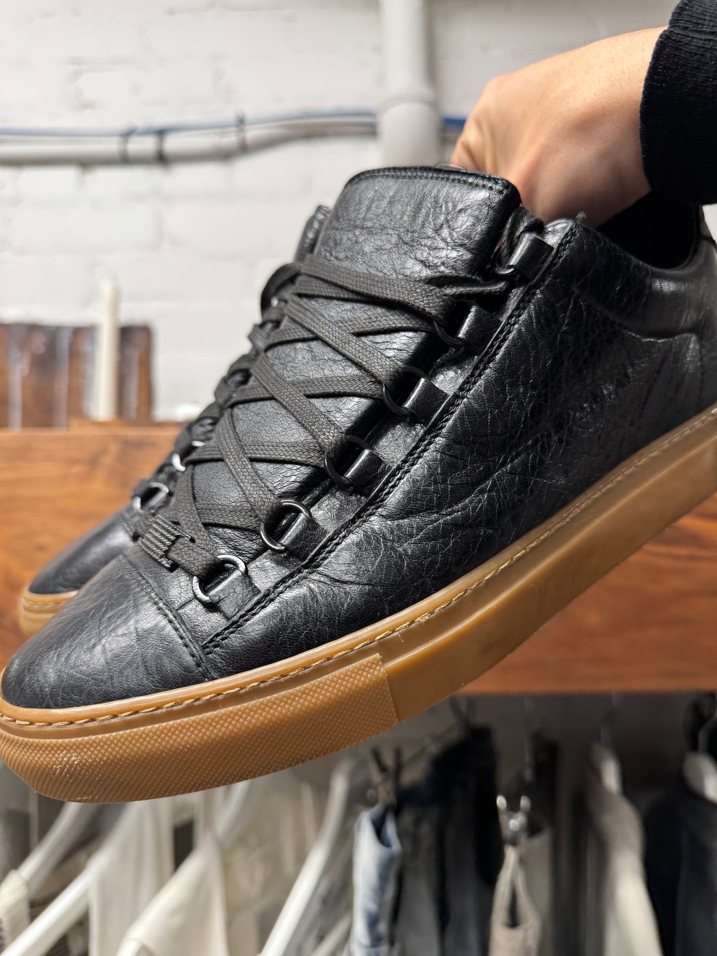 Balenciaga Arena Black Leather/Gum Sole High Top Sneakers