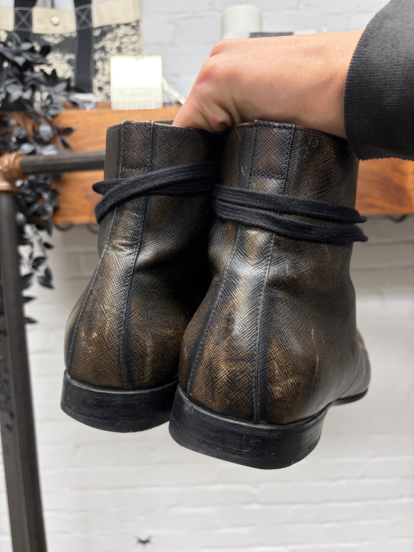 Prada Faded Brown Leather ‘Natural Patina’ Combat Boots