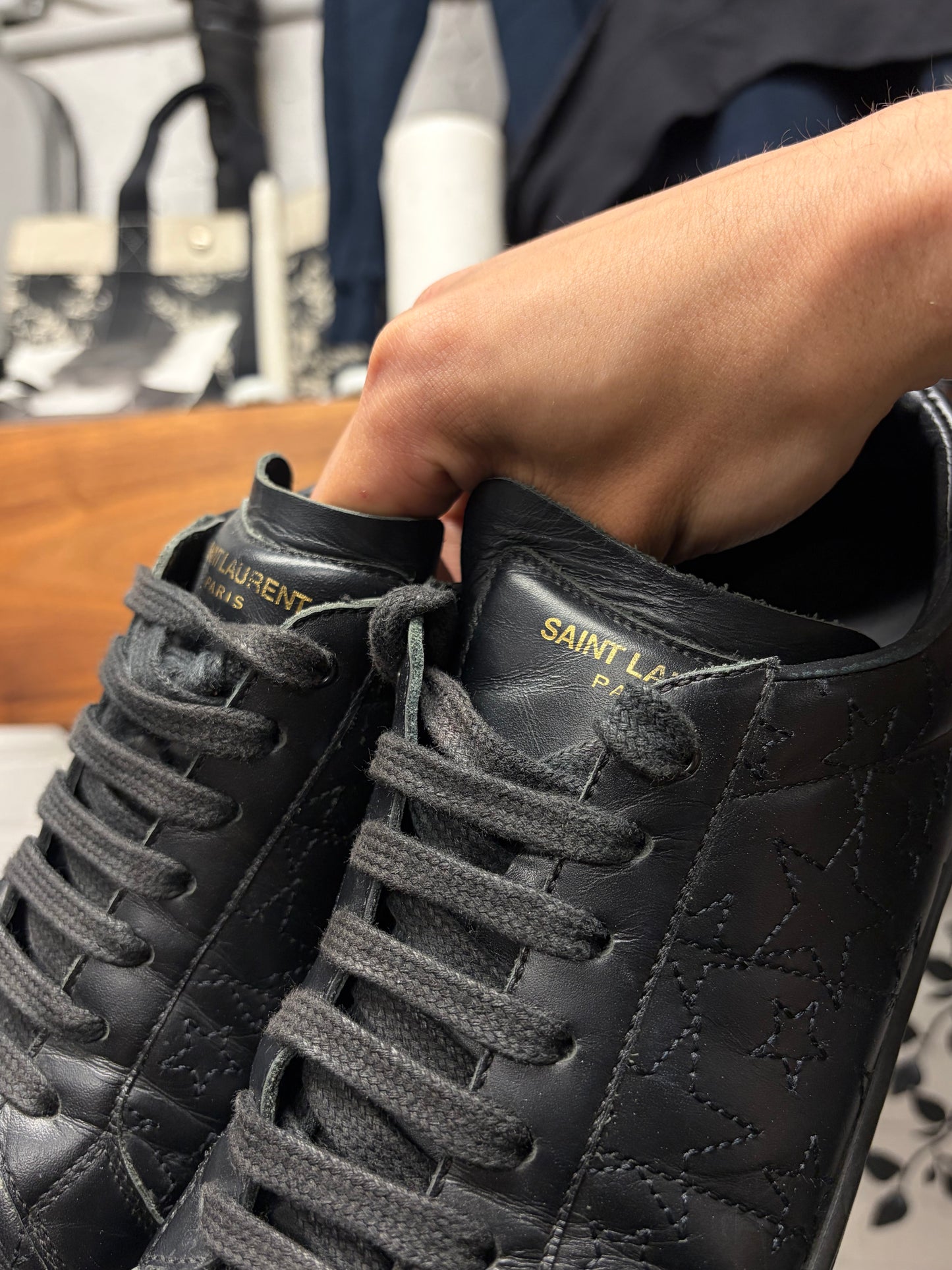 Saint Laurent Star ‘Court Classic’ Black Leather Low Top Sneakers
