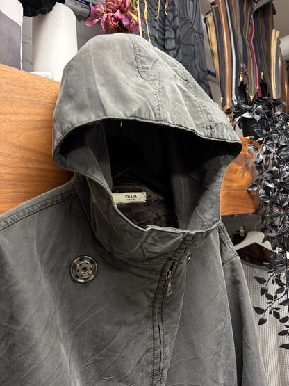 Vintage 2005 Prada Faded Grey Nylon Hooded Zip-Up Jacket