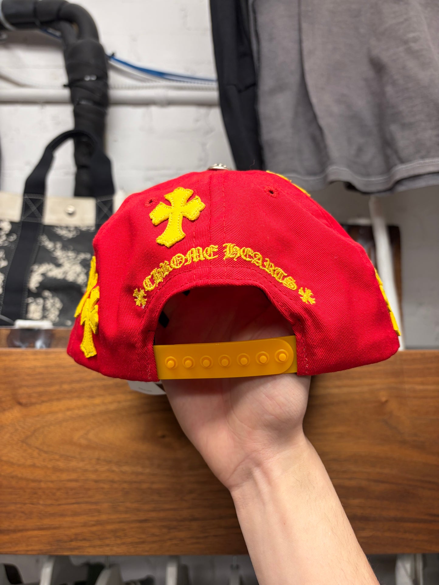 Chrome Hearts Red/Yellow Leather Cross Patch ‘CH Logo’ Trucker Hat