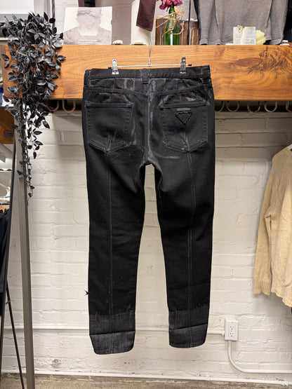 Prada Waxed Black Coated Skinny Jeans with Saffiano Patch Logo