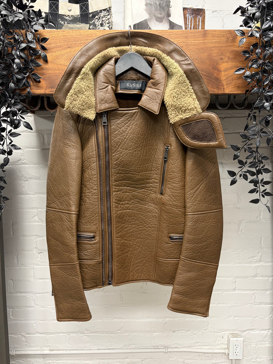 Gucci by Frida Giannini Brown Lambskin ‘Double Collared’ Shearling Trim Biker Jacket
