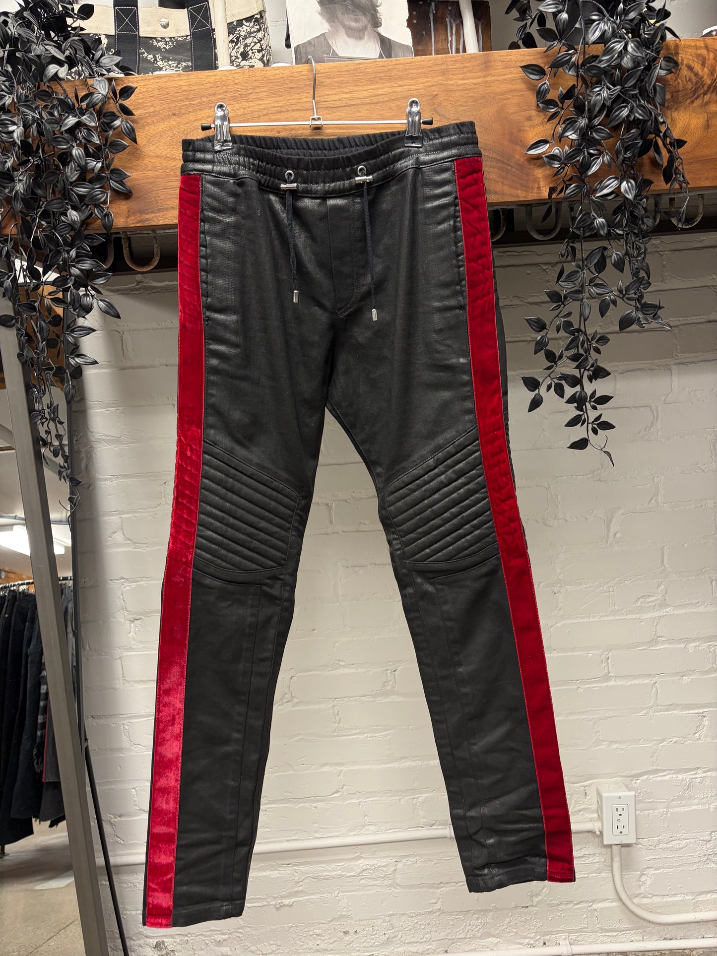 Balmain Waxed Black ‘Velour Stripe’ Biker Knee Skinny Jeans