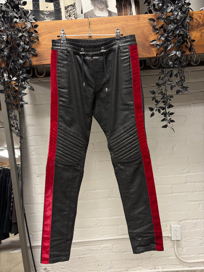 Balmain Waxed Black ‘Velour Stripe’ Biker Knee Skinny Jeans