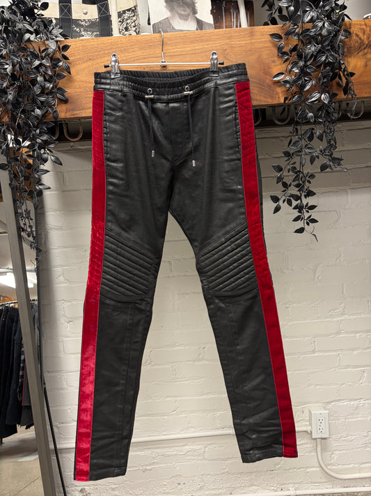 Balmain Waxed Black ‘Velour Stripe’ Biker Knee Skinny Jeans