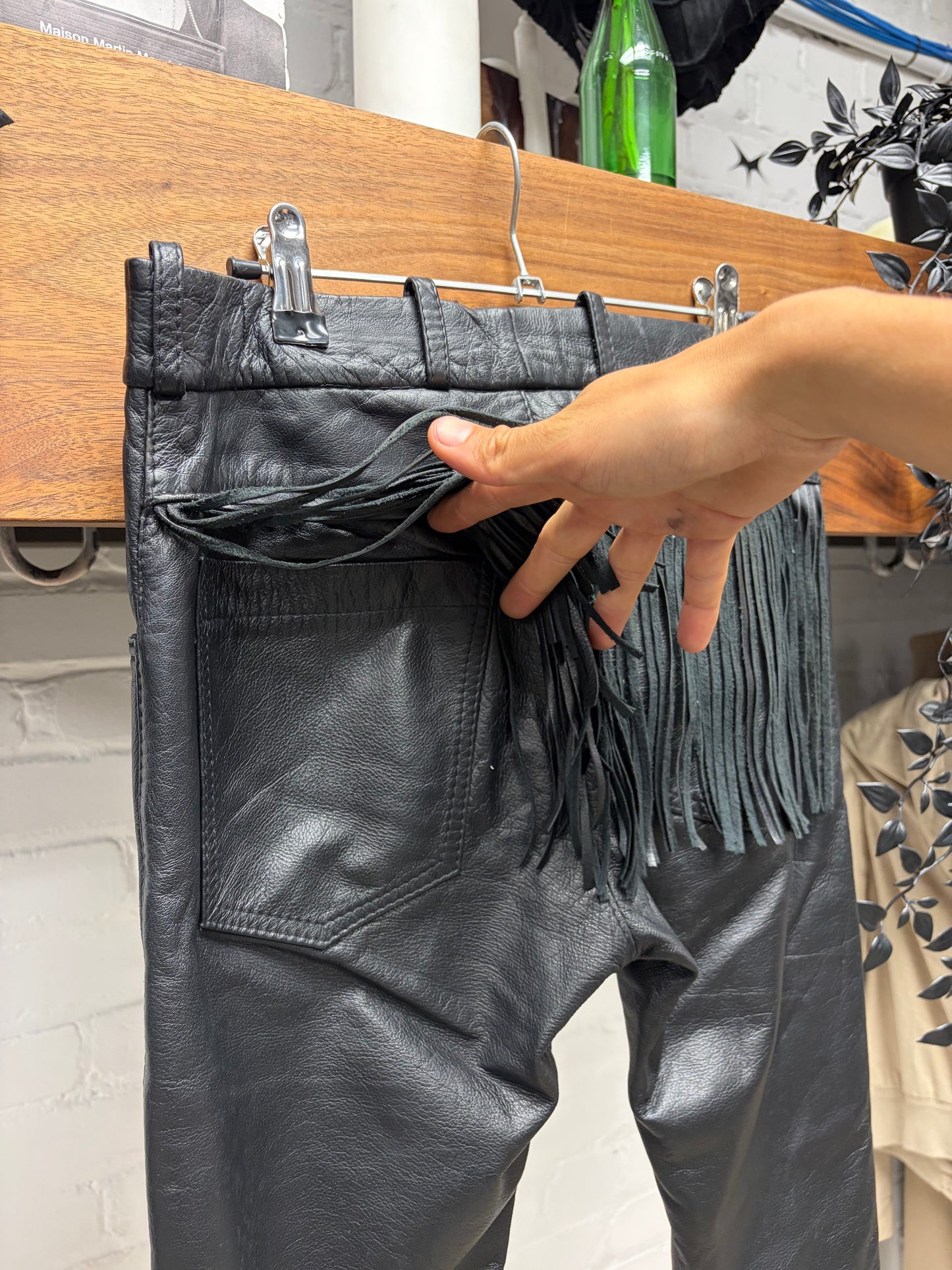 AW1998 Raf Simons ‘Black Palms’ Fringe Pocket Black Lambskin Leather Skinny Pants
