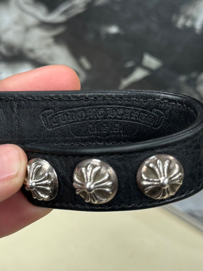 Chrome Hearts ‘Cross Ball’ Button Snap 925 Silver Leather Cuff Bracelet