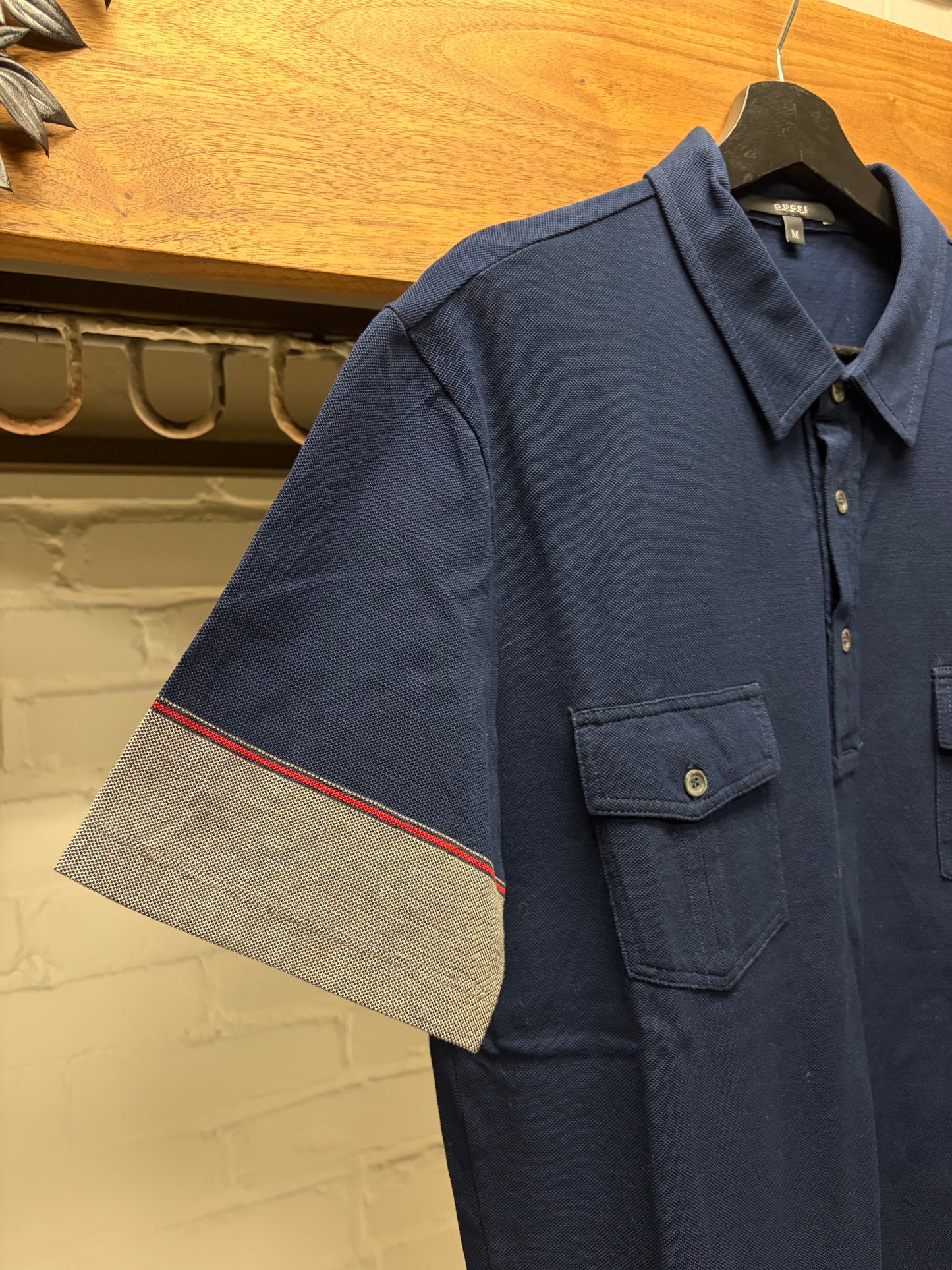 Gucci Navy Blue Polo with ‘Rolled Hem’ Color-Blocked Sleeve Polo