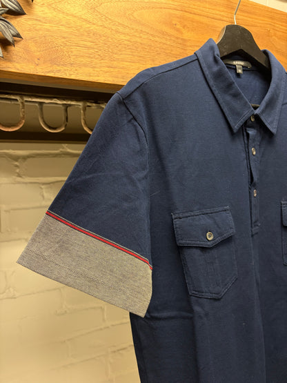 Gucci Navy Blue Polo with ‘Rolled Hem’ Color-Blocked Sleeve Polo