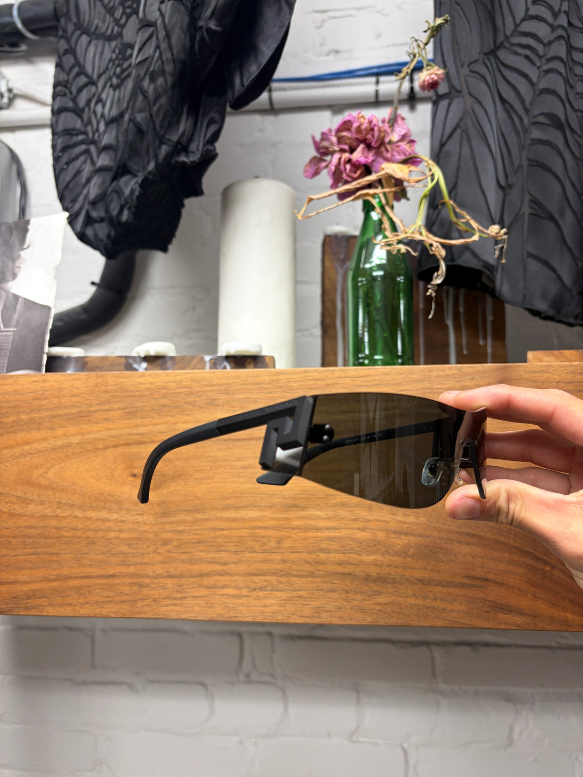 Versace Rimless Black ‘Shield’ Sport Lens Black Sunglasses