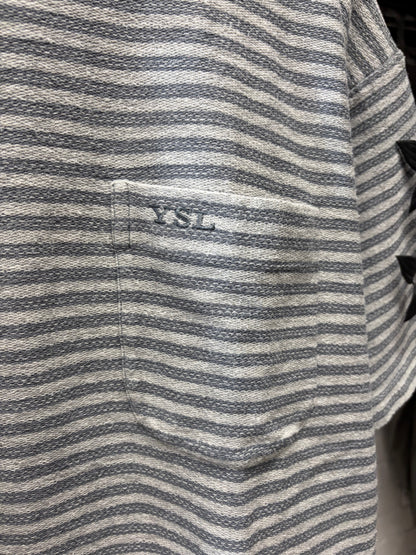 Vintage Yves Saint Laurent ‘YSL Logo’ Embroidered Blue/Grey Striped Logo T-Shirt