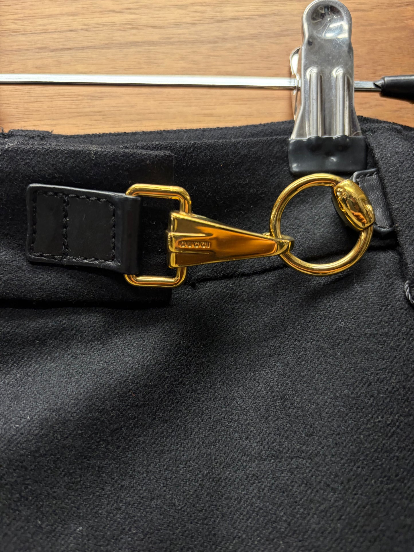 Vintage Gucci Gold Horsebit Belted Closure Black Wide Leg Trousers