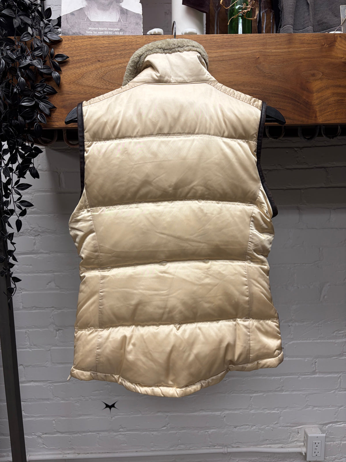 2006 Prada Gold Puffer Vest with Leather Belted Collar and Sheep Fur Trim