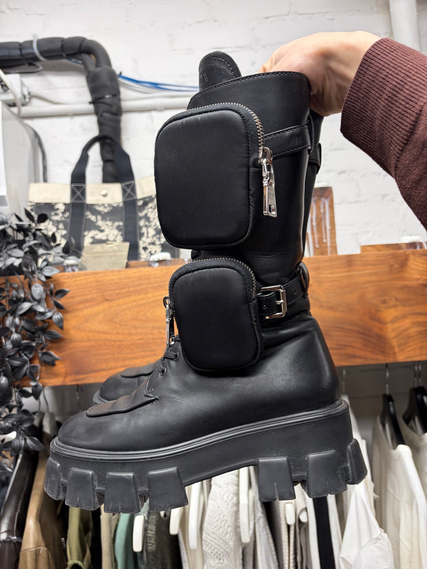 Prada ‘Monolith’ Black Calfskin Leather High Cut Cargo Boots