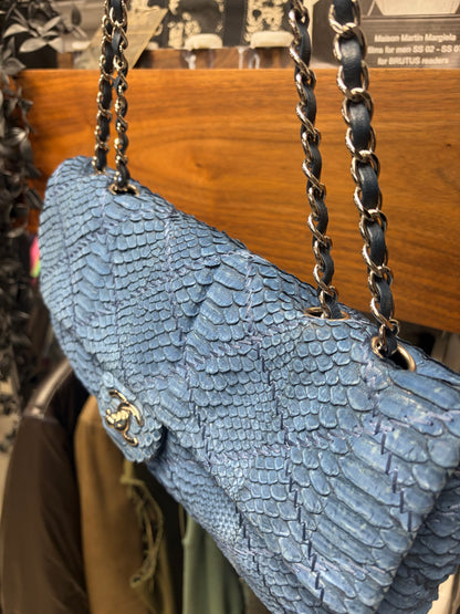 Chanel Blue Python Leather Classic ‘Flap Bag’ with Silver Hardware