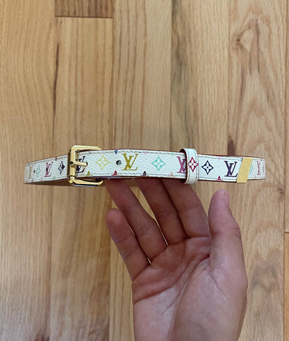 Louis Vuitton x Takashi Murakami rainbow white monogram gold belt.