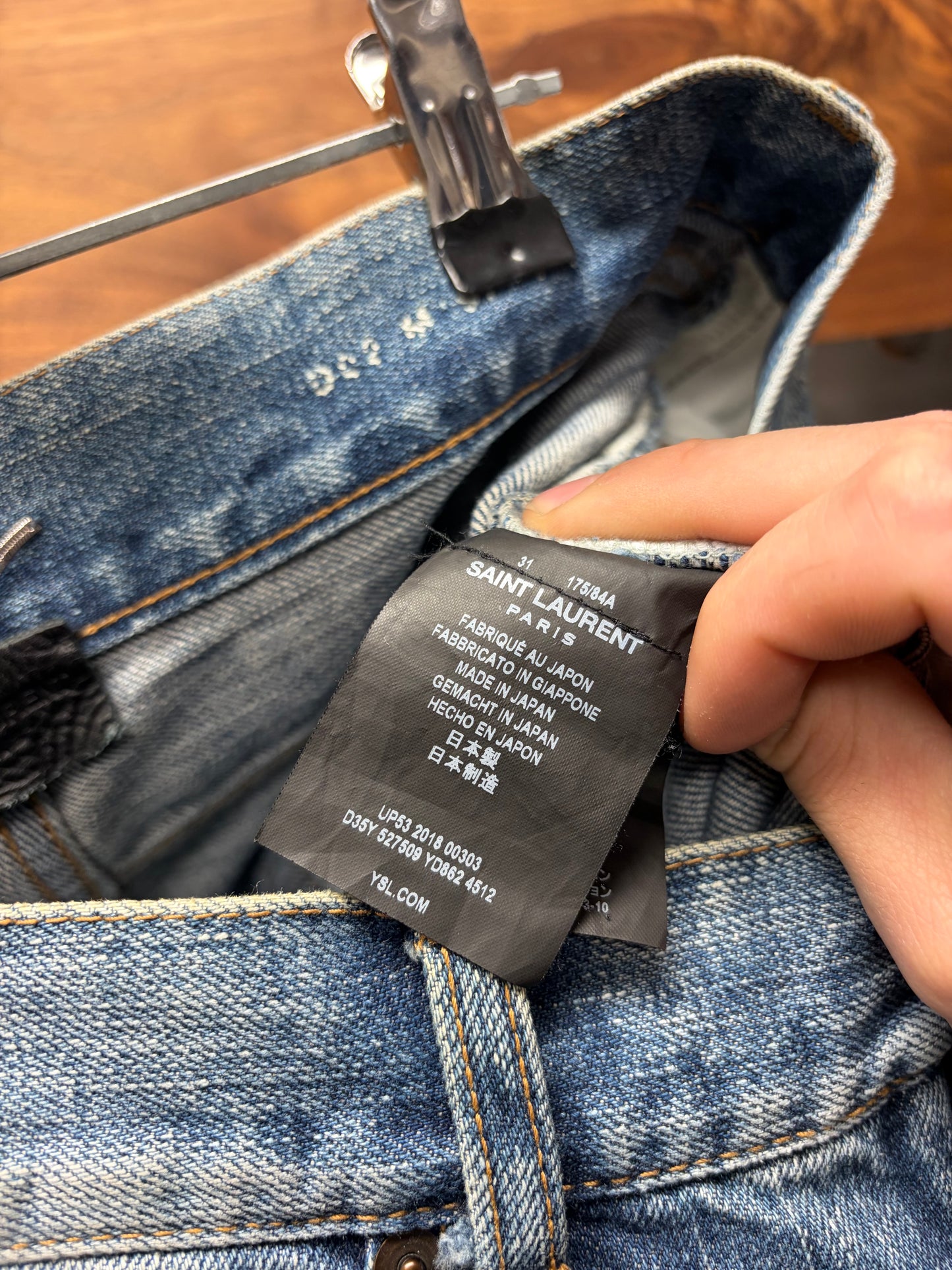 2018 Saint Laurent ‘D02’ Distressed Blue ‘Knee-Rip’ Skinny Jeans