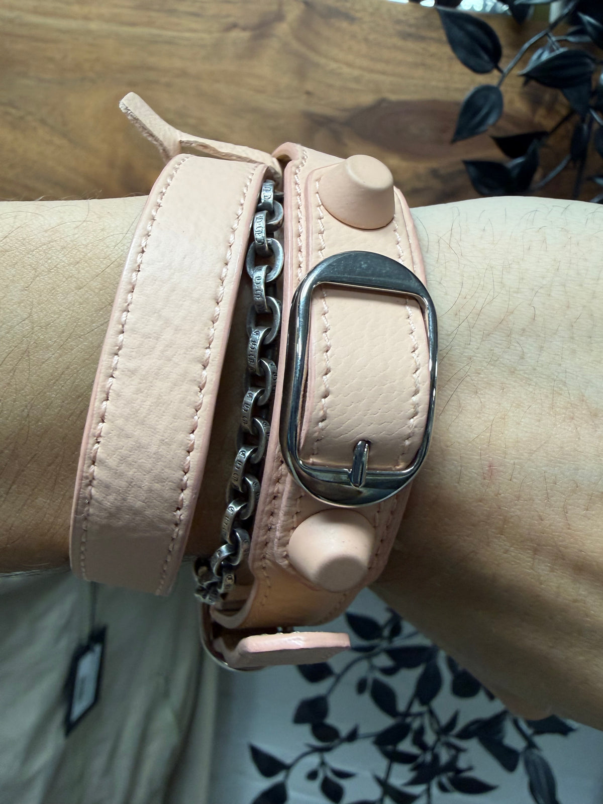 Balenciaga ‘Tour’ Double Wrapped Baby Pink/Silver Leather Bracelet