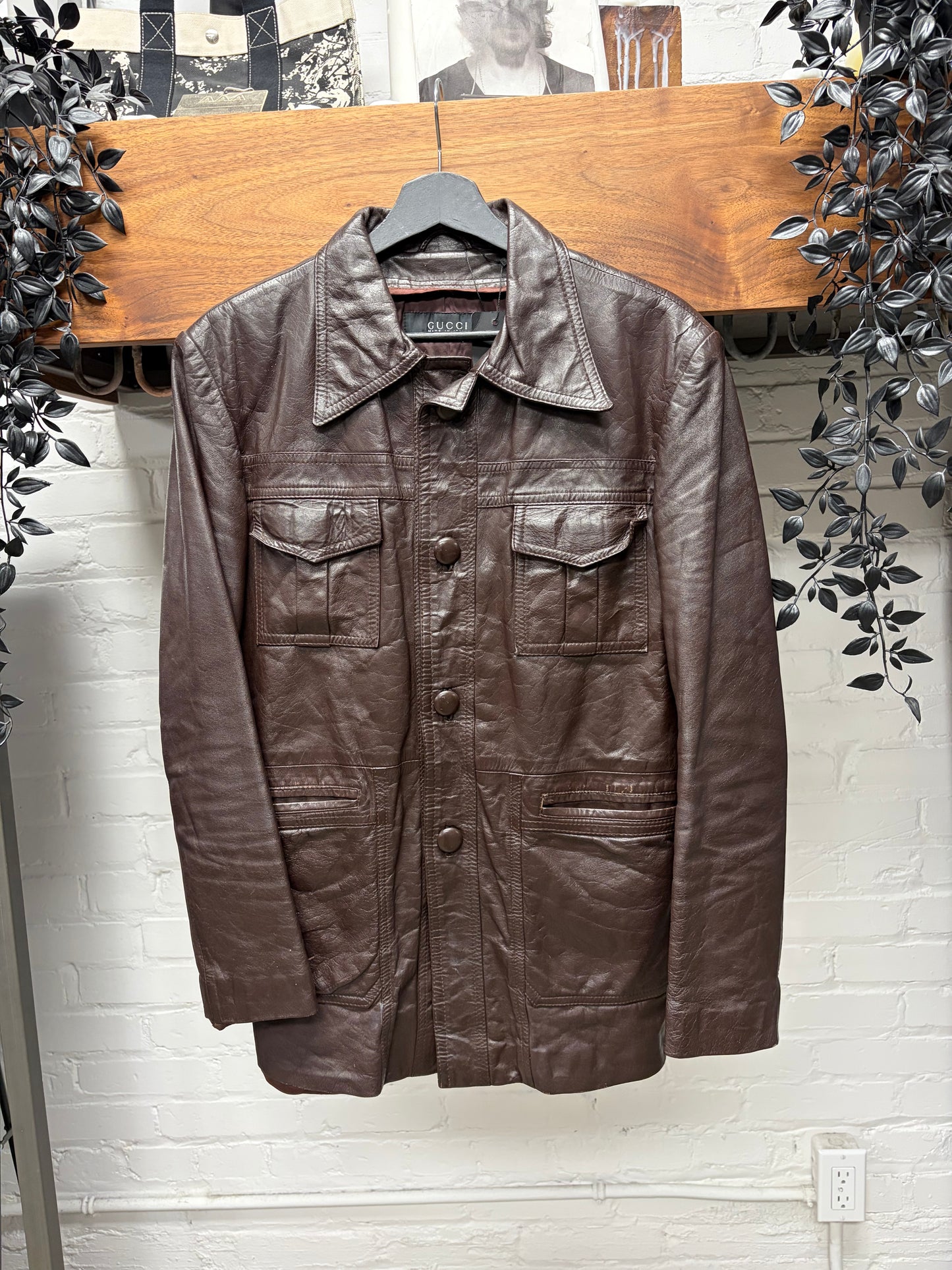 Gucci ‘Western’ Dark Brown Calfskin Leather Jacket with Pointed Collar