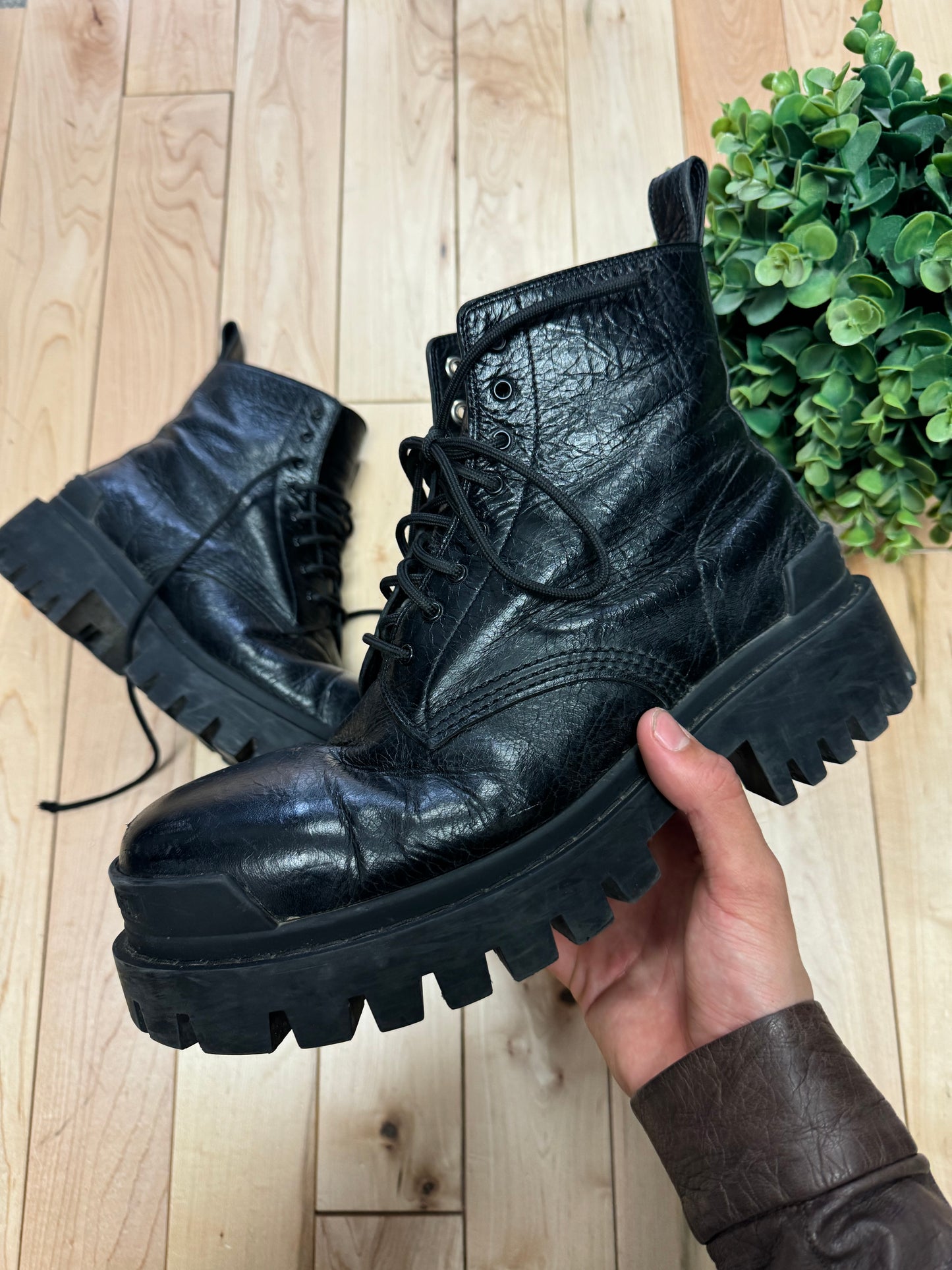 Balenciaga ‘Strike’ Black Leather Lace-Up Combat Boots