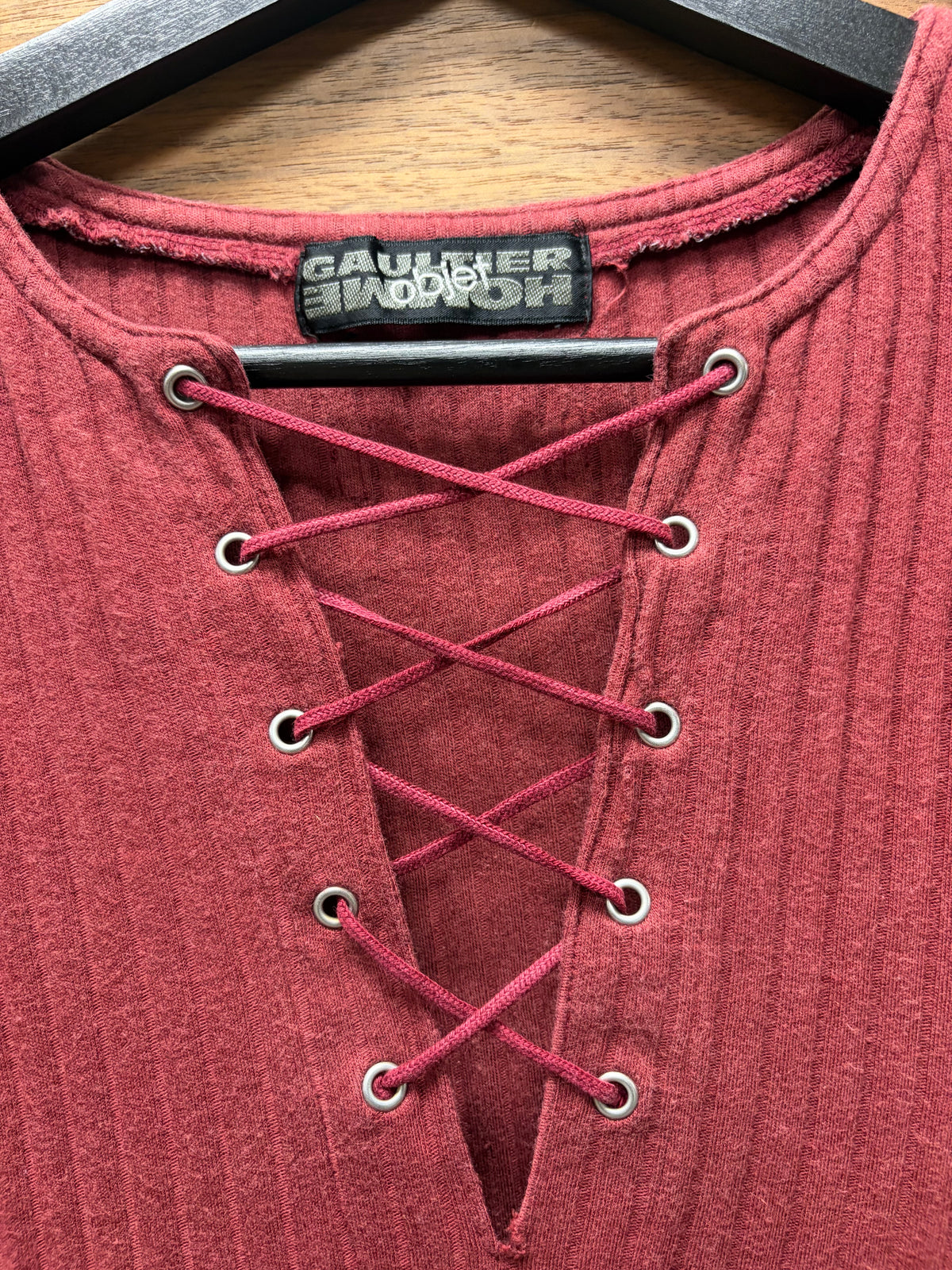 Vintage Jean Paul Gaultier Homme ‘Objet’ Ribbed Red Lace Up Short Sleeve T-Shirt