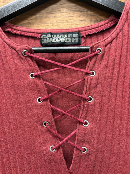 Vintage Jean Paul Gaultier Homme ‘Objet’ Ribbed Red Lace Up Short Sleeve T-Shirt