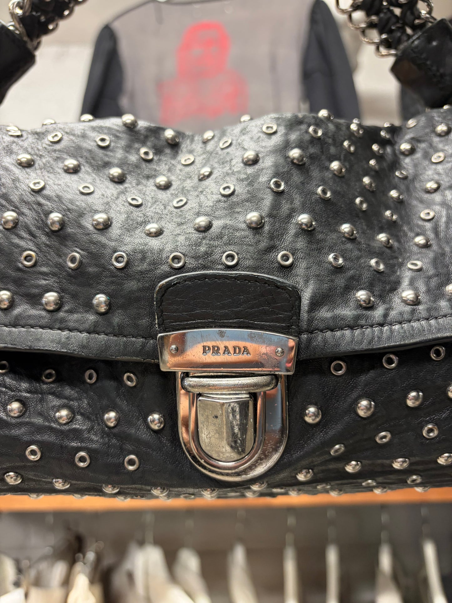 Prada Silver Hardware Studded Black Lambskin Leather Handbag