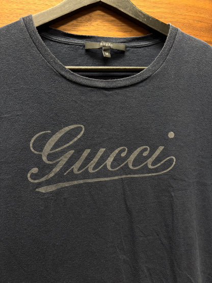 2000s Gucci ‘Cursive Script Logo’ Navy Blue Cotton T-Shirt