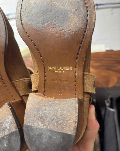 Saint Laurent ‘Wyatt’ Brown Suede Harness Boots