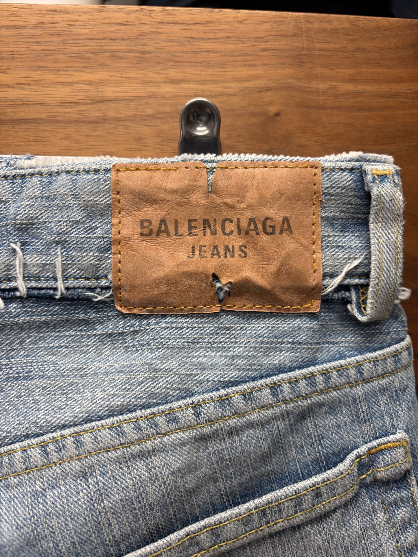 2024 Balenciaga Distressed Waistband Light Wash Blue Flared Leg Denim