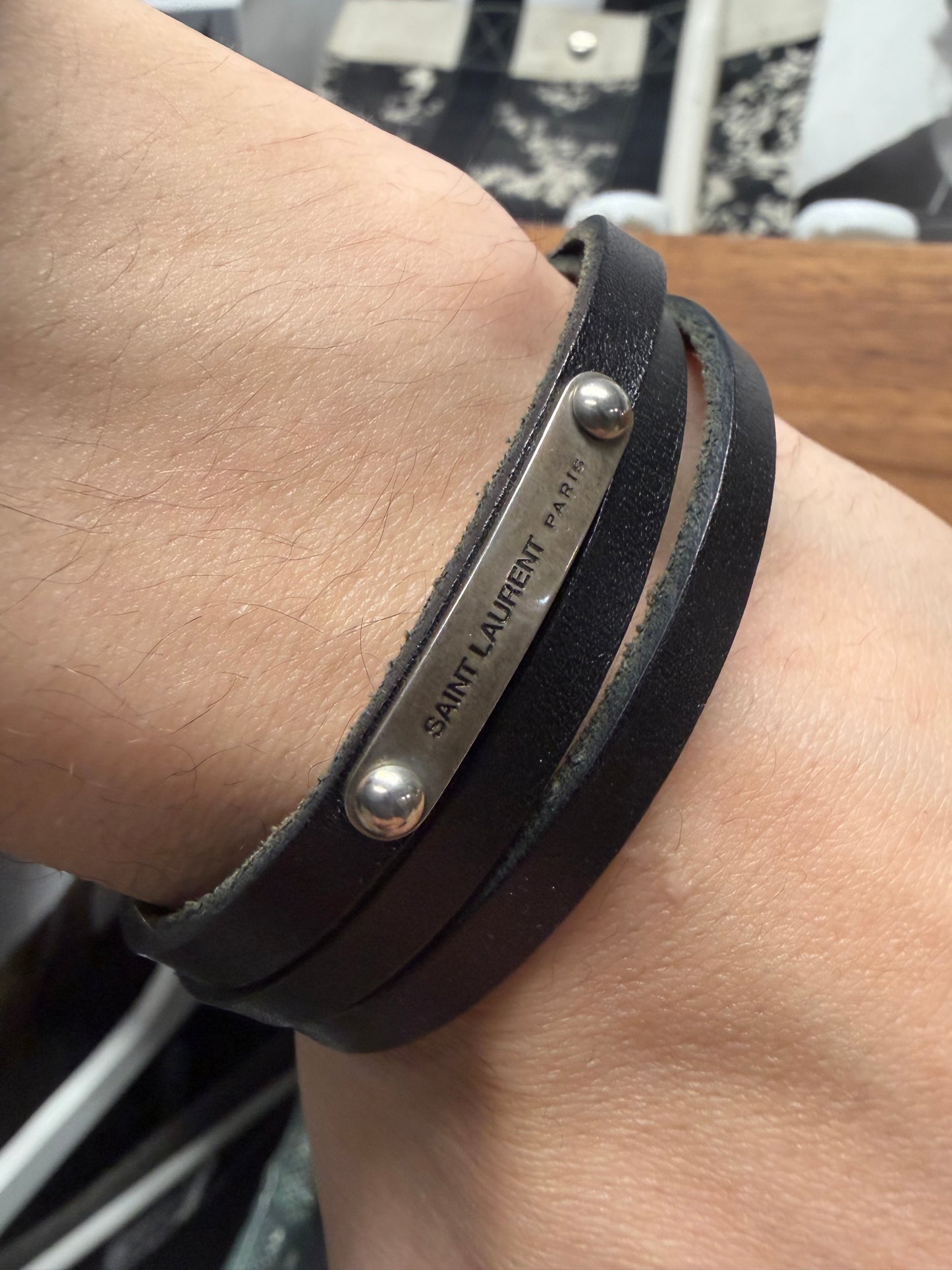 Saint Laurent Triple Wrapped Leather/Silver Bracelet