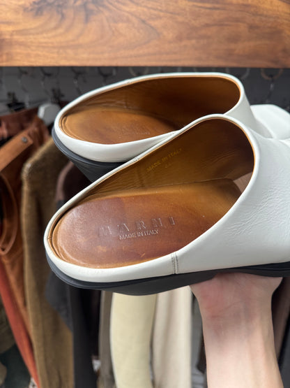 Marni Square Toe White Leather Slip On Mules