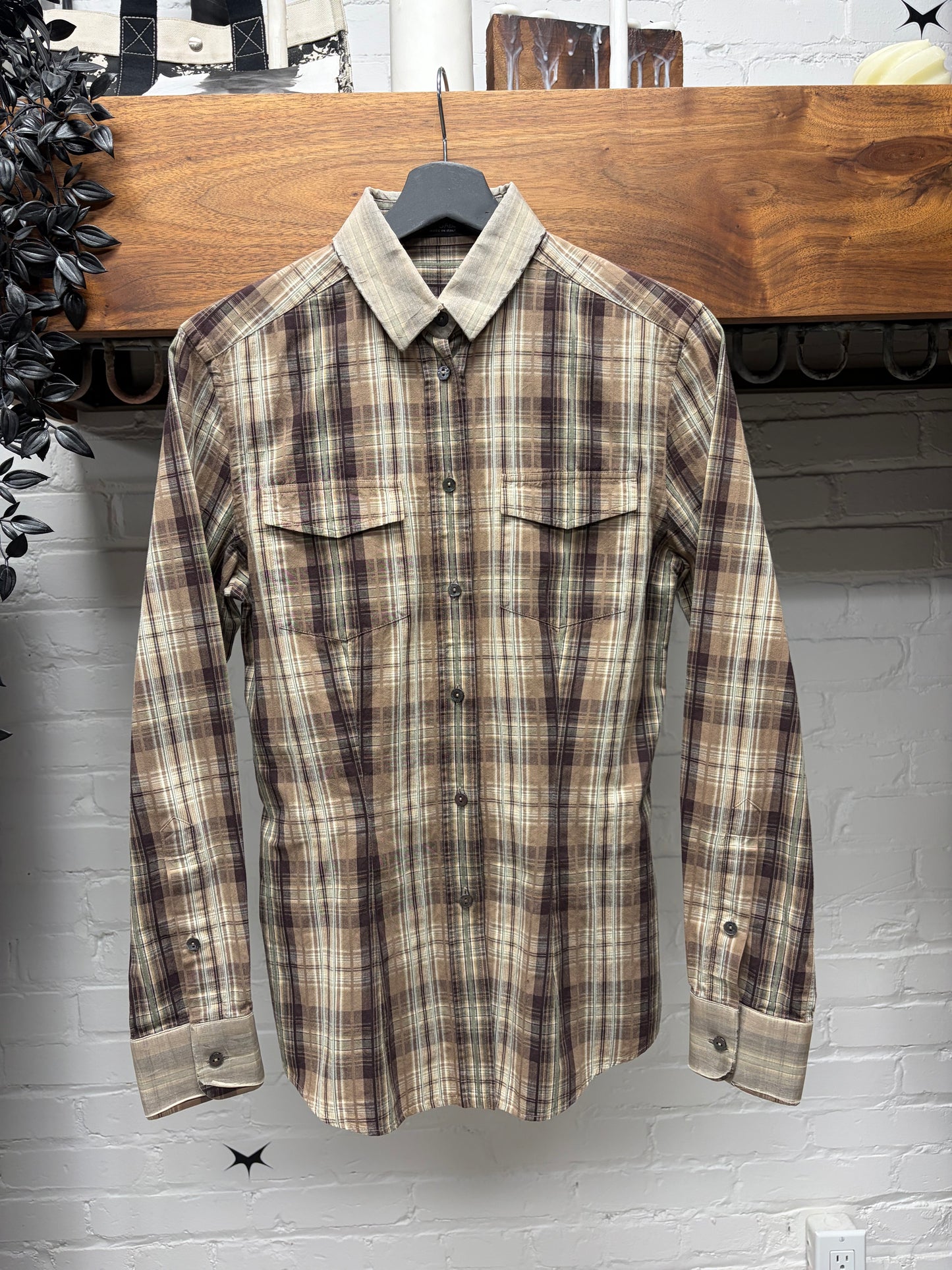 Vintage Dolce & Gabbana Distressed Brown Plaid Button Up Shirt