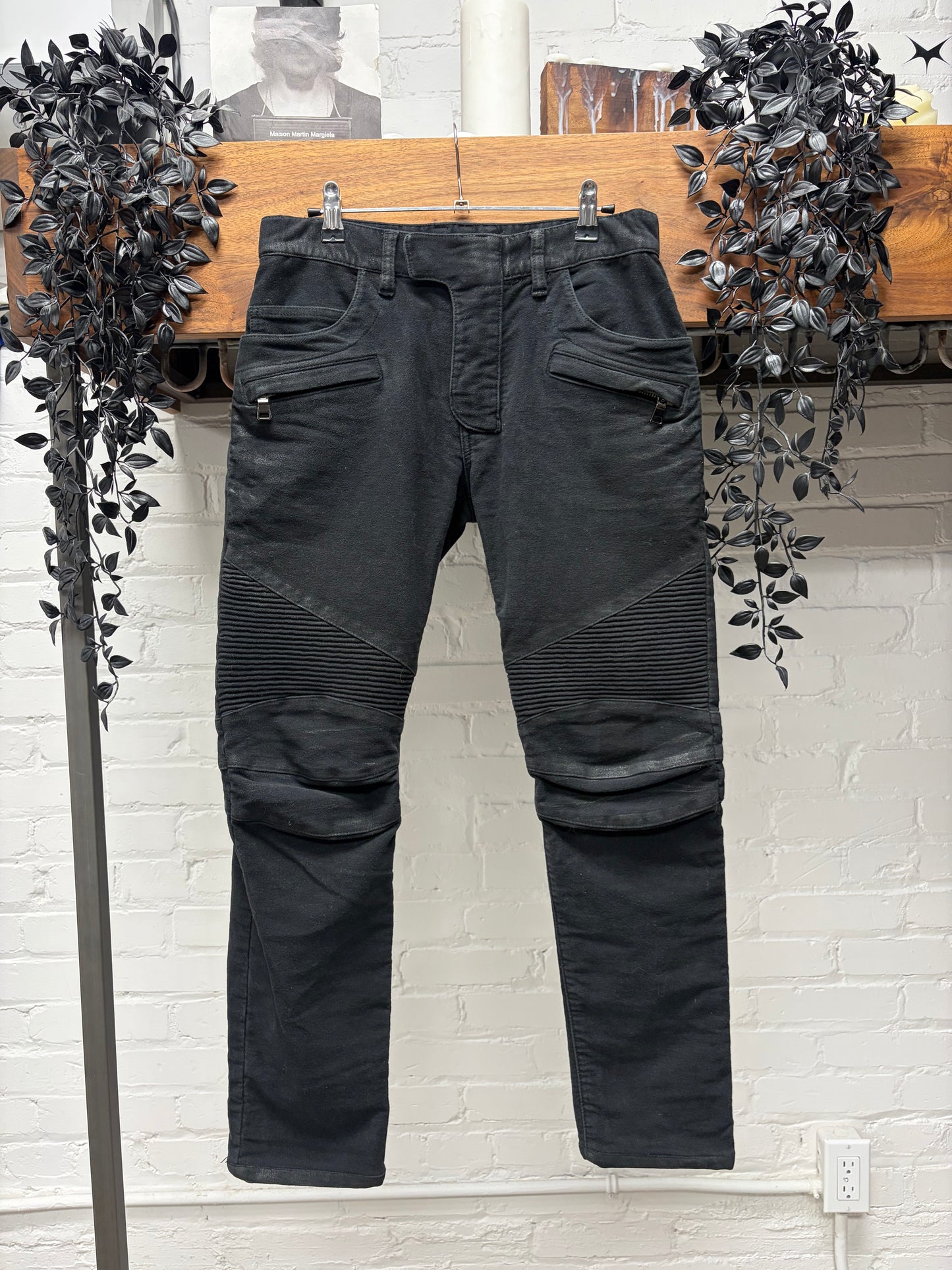 Balmain Waxed Black Moto-Knee Biker Skinny Jeans