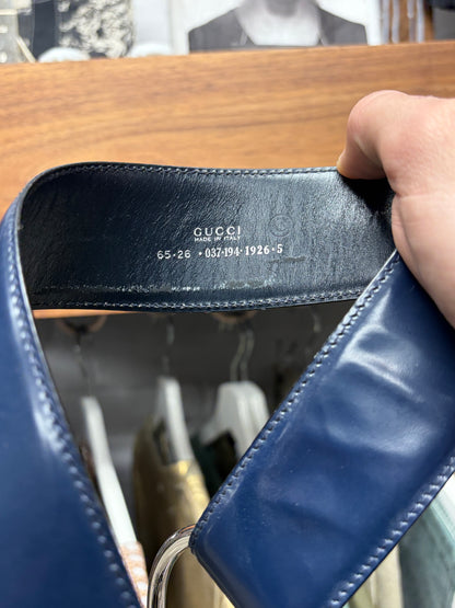 Gucci ‘Horsebit’ Blue Patent Leather Belt with Silver Buckle