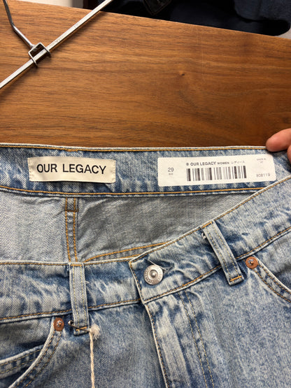 AW2023 Our Legacy Light Wash Blue Denim Over Knee Length ‘Cutoff’ Shorts
