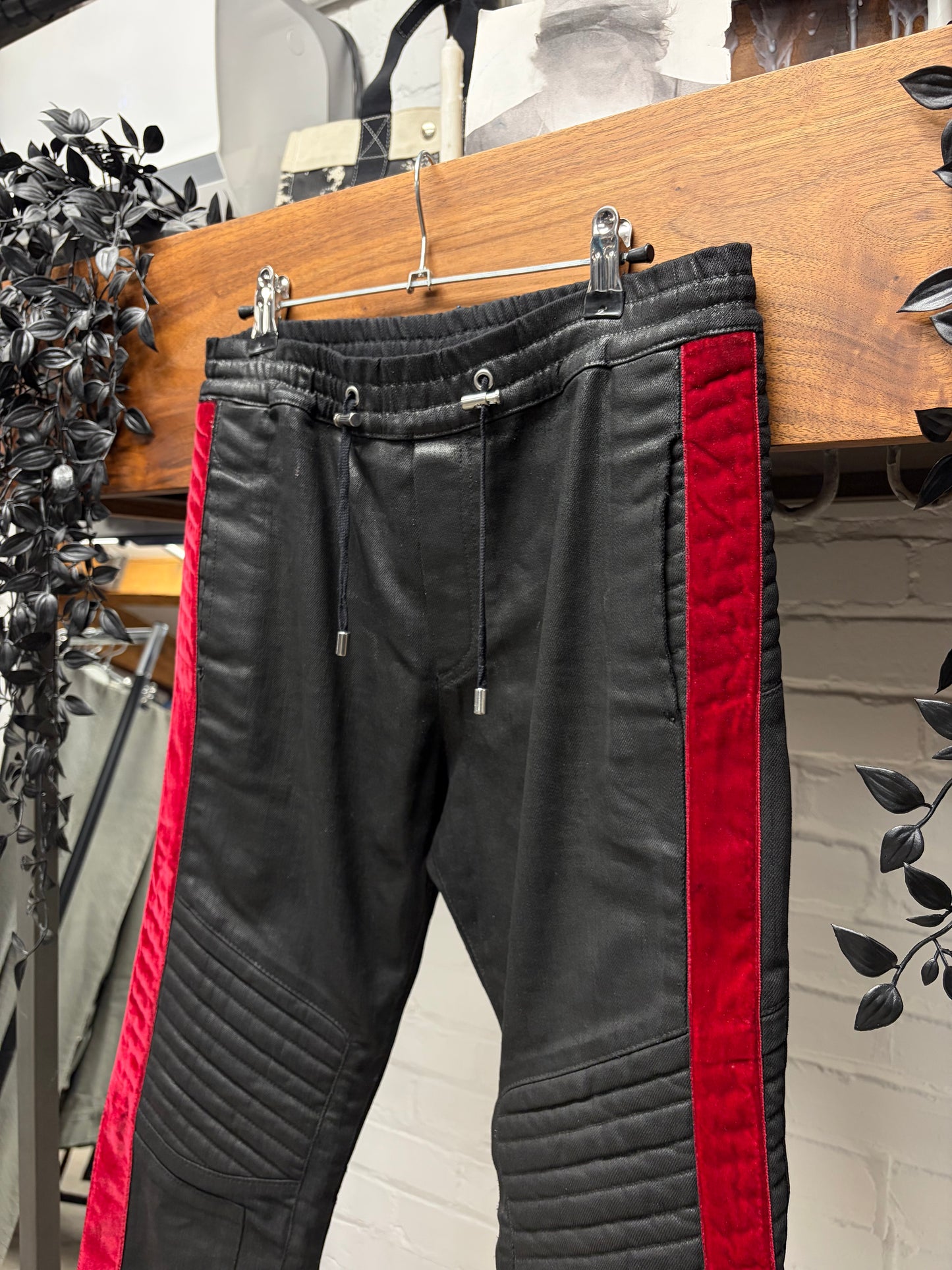 Balmain Waxed Black ‘Velour Stripe’ Biker Knee Skinny Jeans
