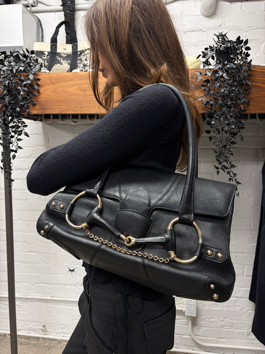 2000s Gucci Oversized ‘Horsebit’ Black Leather Top Flap Shoulder Bag