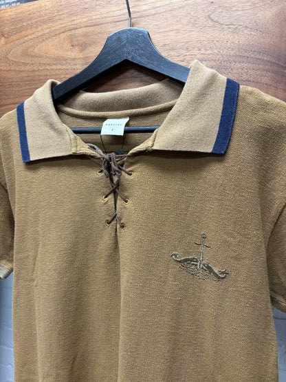 Kapital ‘Sailor’ Embroidered Crest Logo Lace-Up Brown Cotton Polo