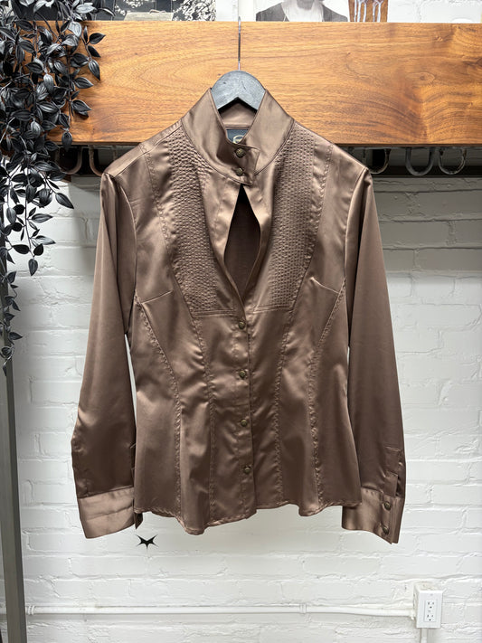 Roberto Cavalli Brown Silk Mandarin Collar Shirt