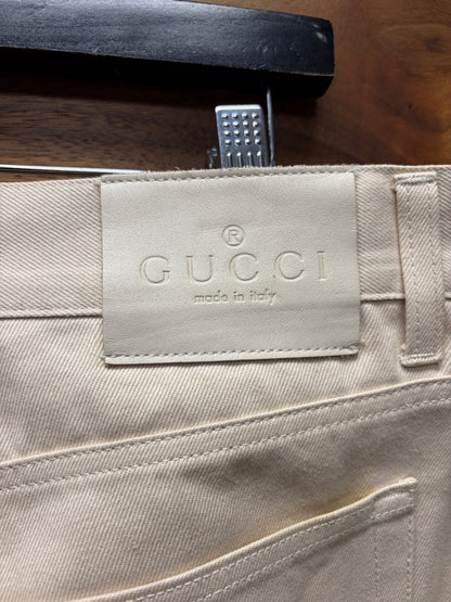 Vintage Gucci by Tom Ford Cream Flared Leg Denim with Leather Jacron Patch