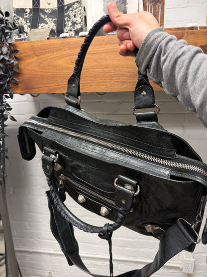 Balenciaga Black Leather ‘Giant City Bag’ with Silver Hardware and Crossbody Strap