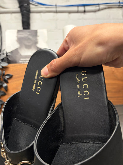 Gucci ‘Lucy’ Black Nappa Leather Horsebit Mules